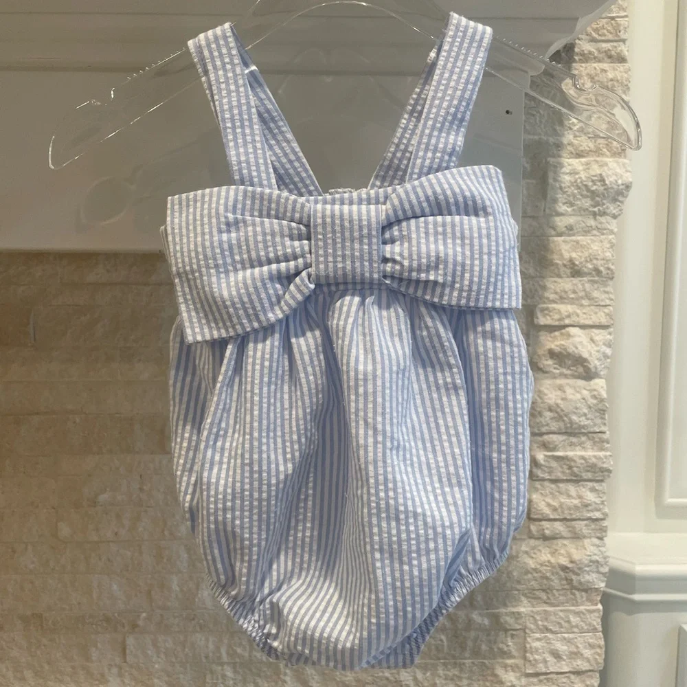 Mudpie blue and White Striped Bow Baby Romper 3-6months